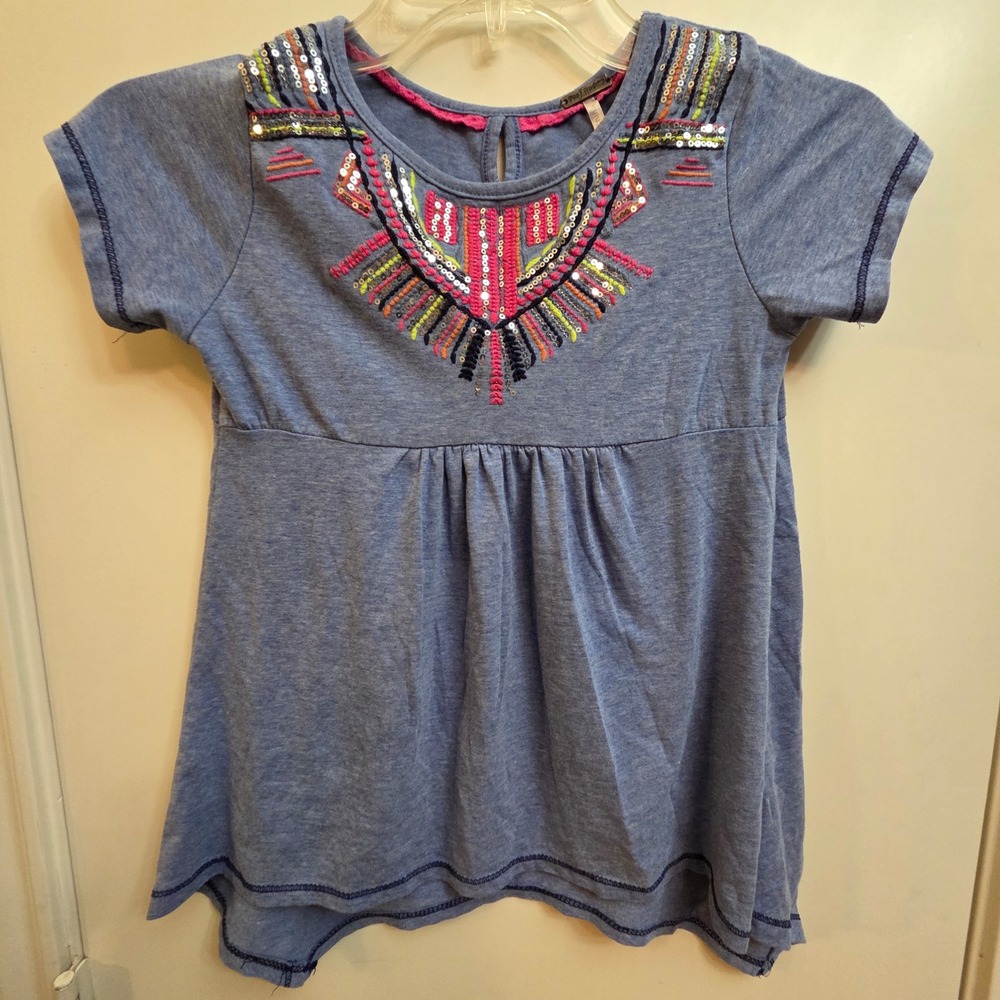 Poof Girl Blue Embroidered Sequin Sharkbite Tunic Top Kids Size M 10/12